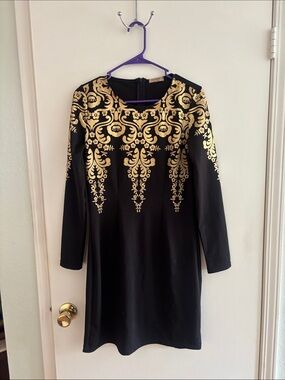 Acevog Black Long Sleeve Dress with Gold Baroque Motif